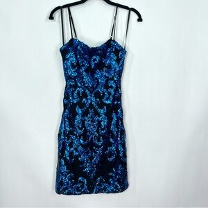 Juniors B. Darlin Blue Black Sequin Dress Back Tie Bow Adjustable Straps Sz 7/8